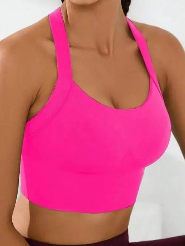 cross-back sports bra, no chest pad, adjustable size.