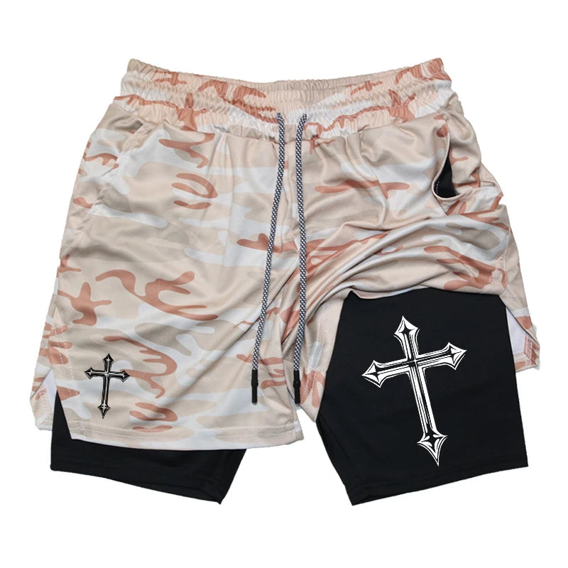 Gym Athletic Shorts with Compression Liner Phone Pocket Towel Loop.