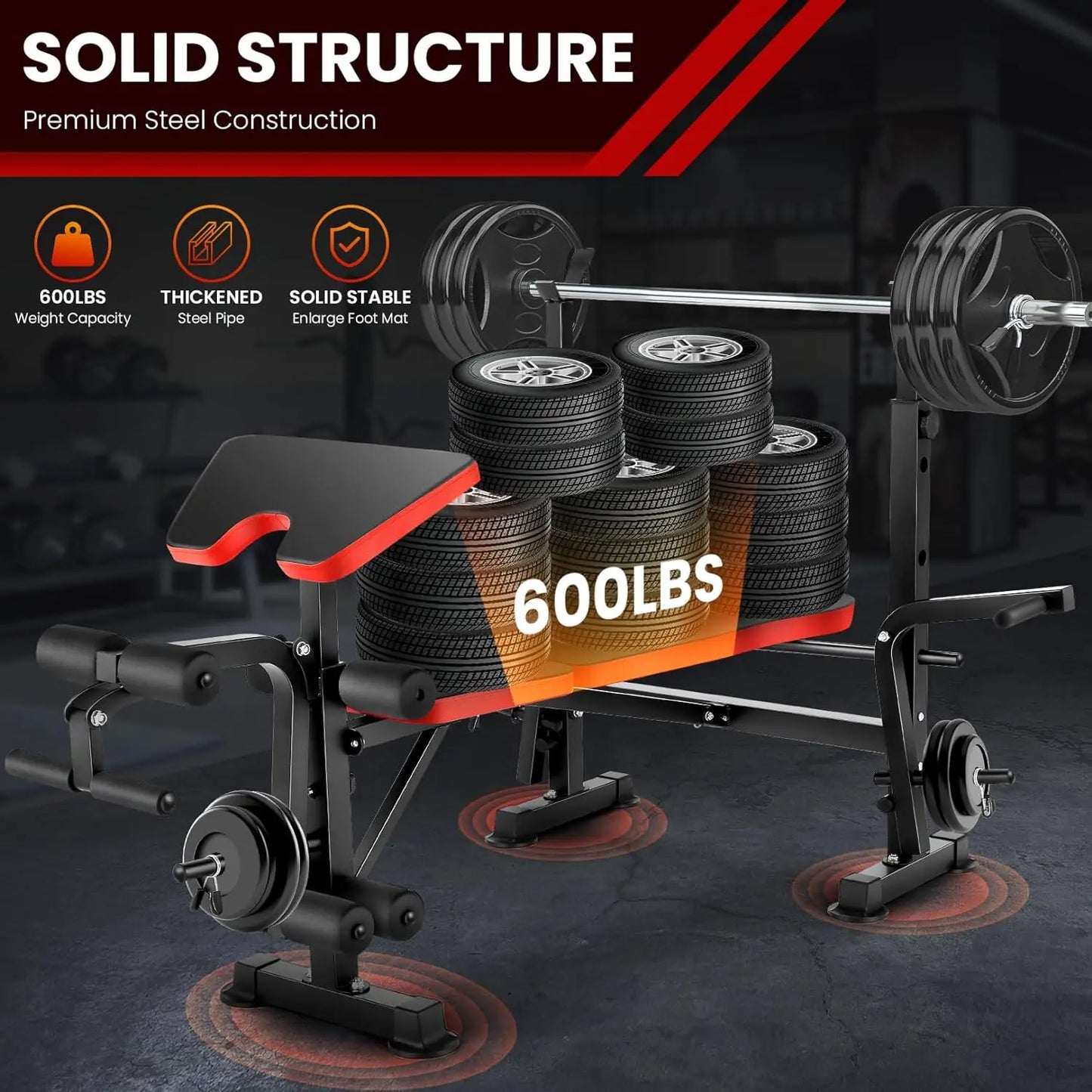 6 in 1 660lbs Weight Bench Set with Squat Rack.