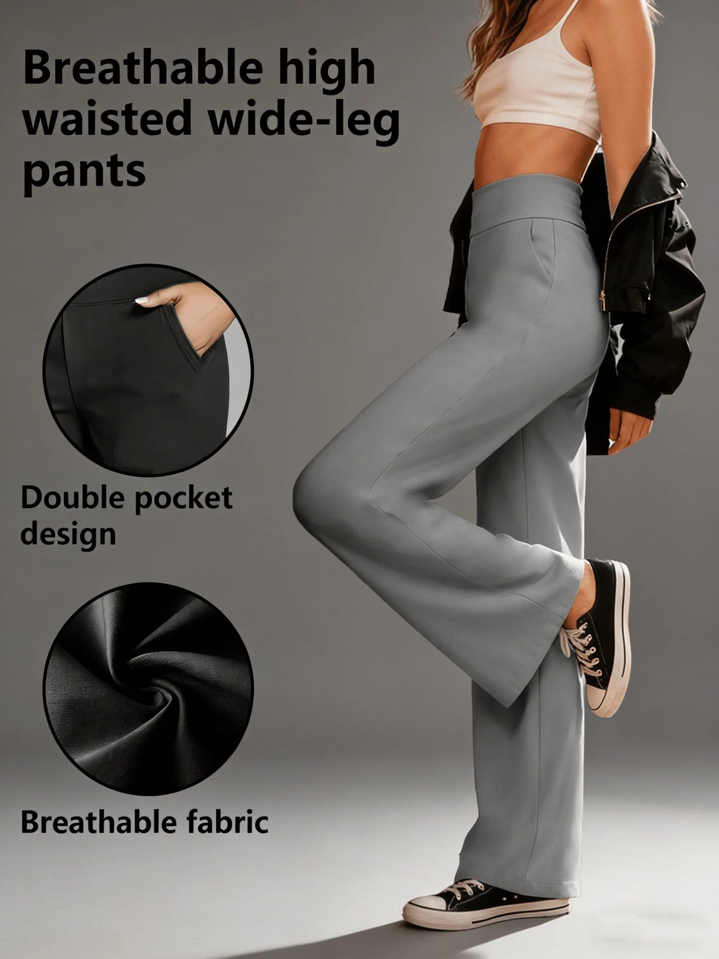 Women's Grey Fashionable Wide-leg Pants.