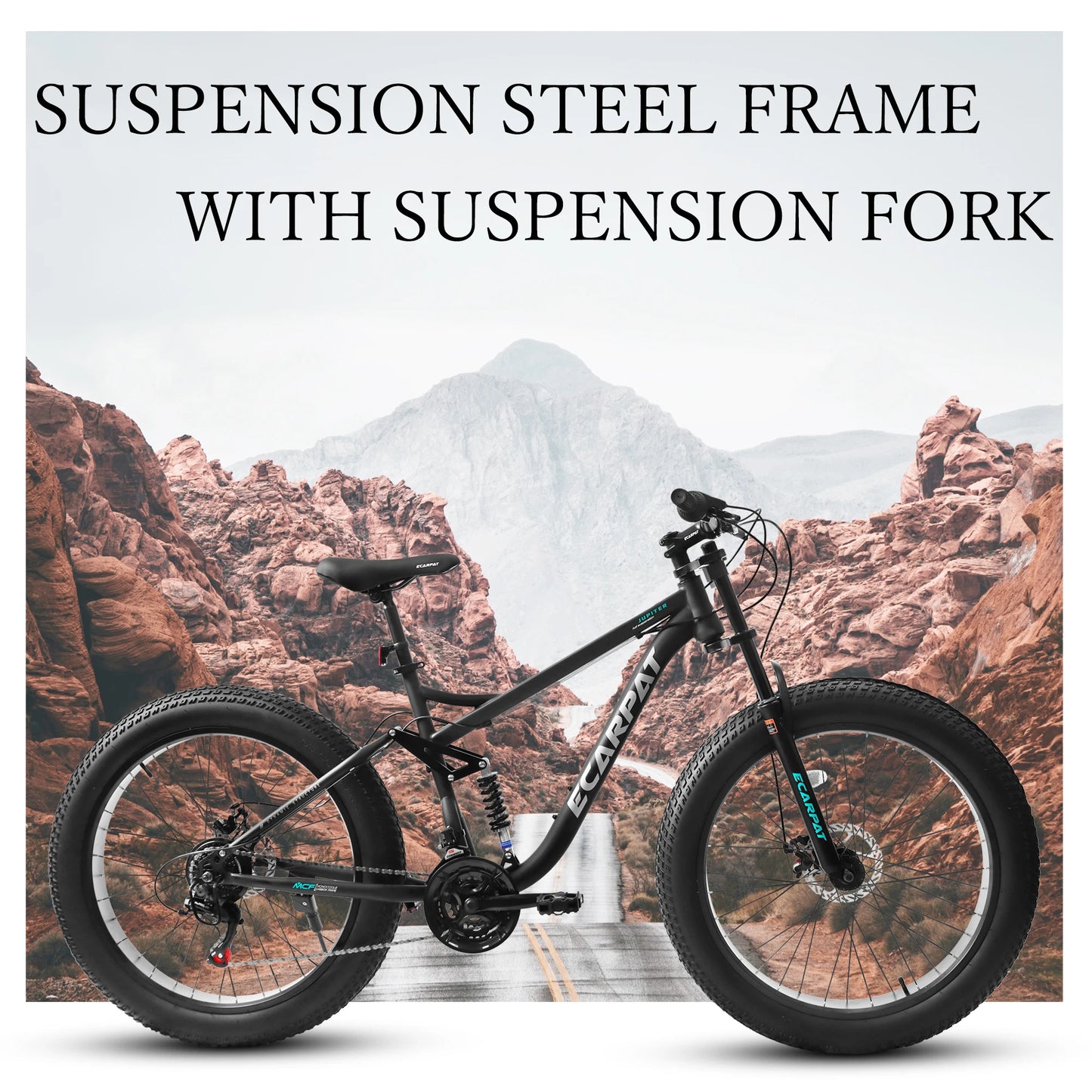 26 inch Mountain Bike, Full-Suspension 21 Speeds Drivetrain with Disc-Brakes.