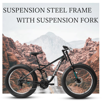 26 inch Mountain Bike, Full-Suspension 21 Speeds Drivetrain with Disc-Brakes.