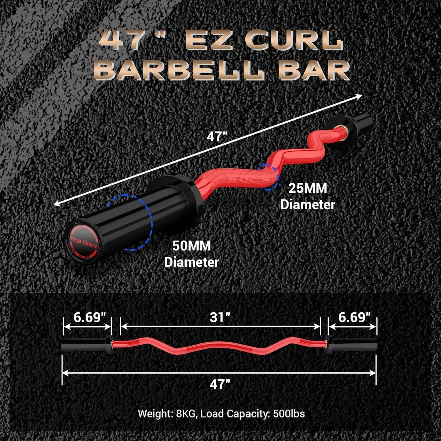 Barbell Bar for Weightlifting. - 4FT Short (500LB) 47" EZ Curl Bar.