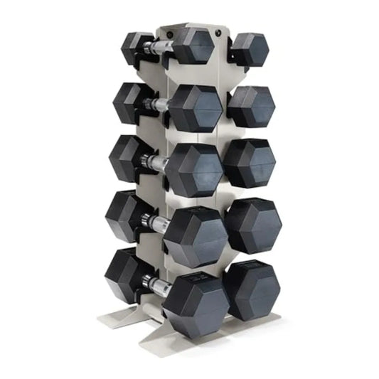 Rubber Coated Hex Dumbbell Set with Vertical Rack 100-300 lbs.