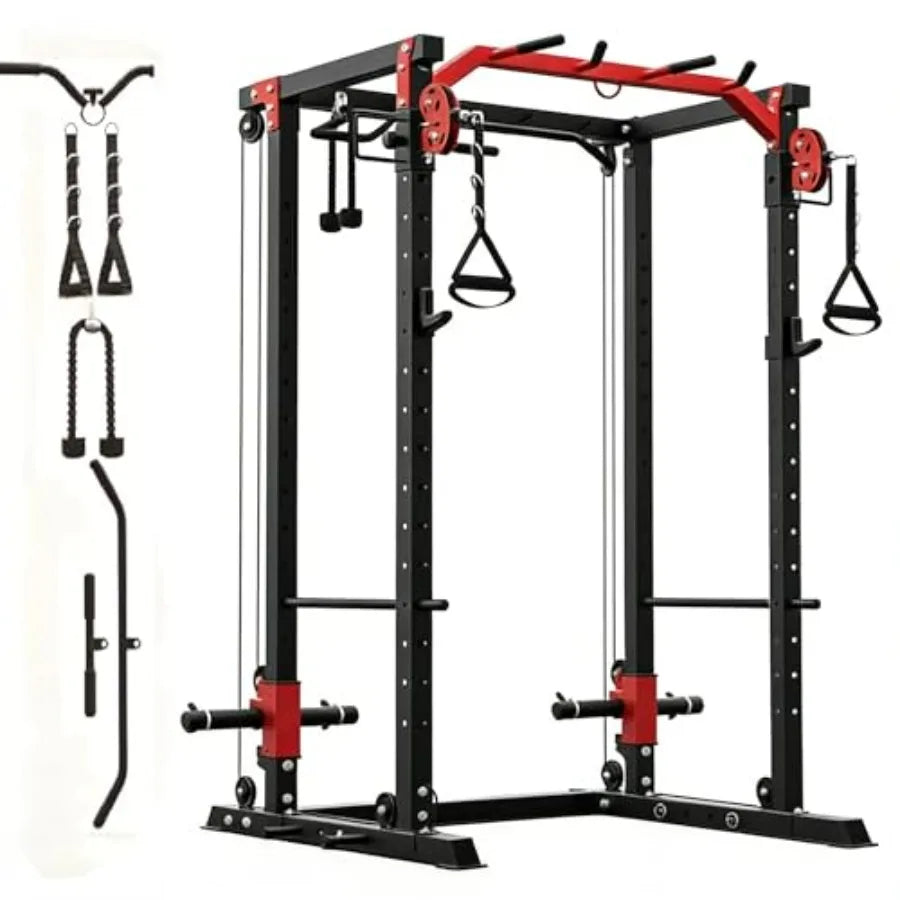 Power Squat Rack with Cable Crossover Pulley System.