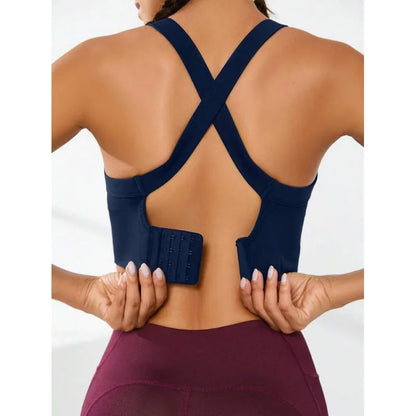 cross-back sports bra, no chest pad, adjustable size.