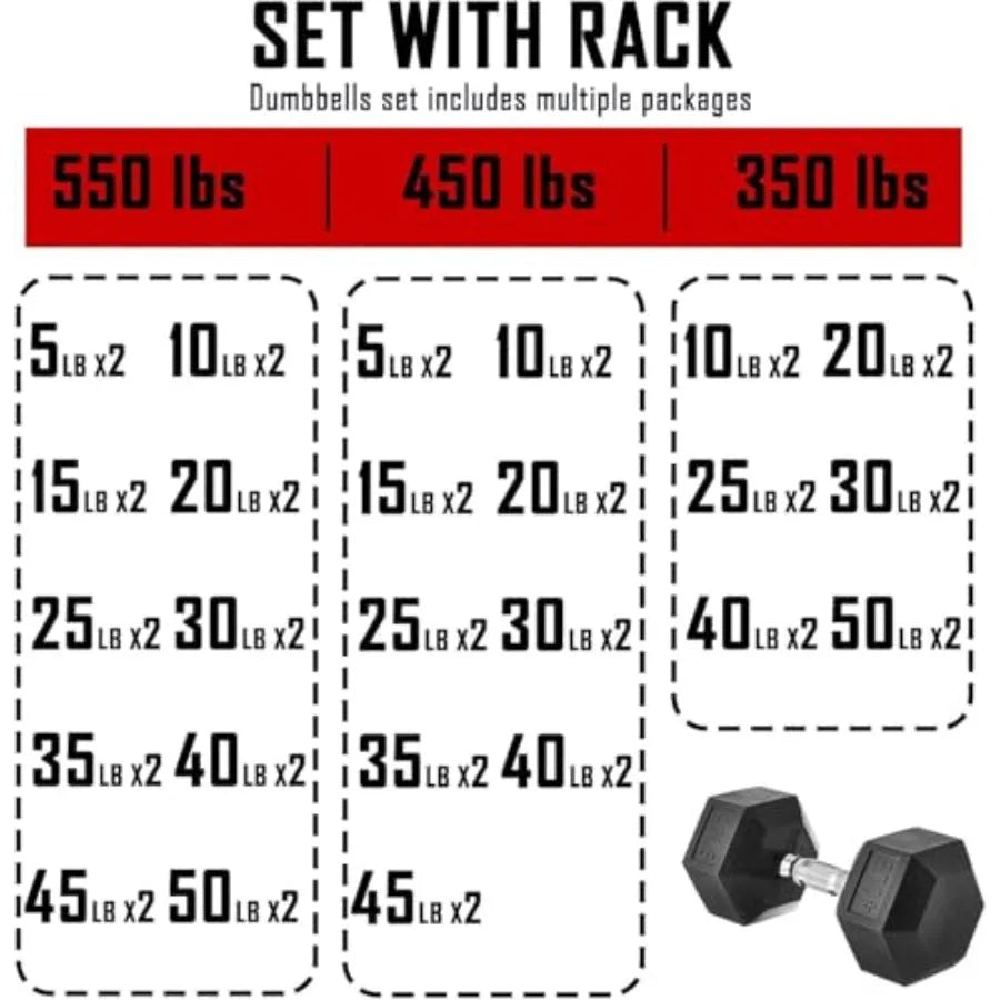 Rubber Hex Dumbbell Set with Rack - 350/450/550lbs