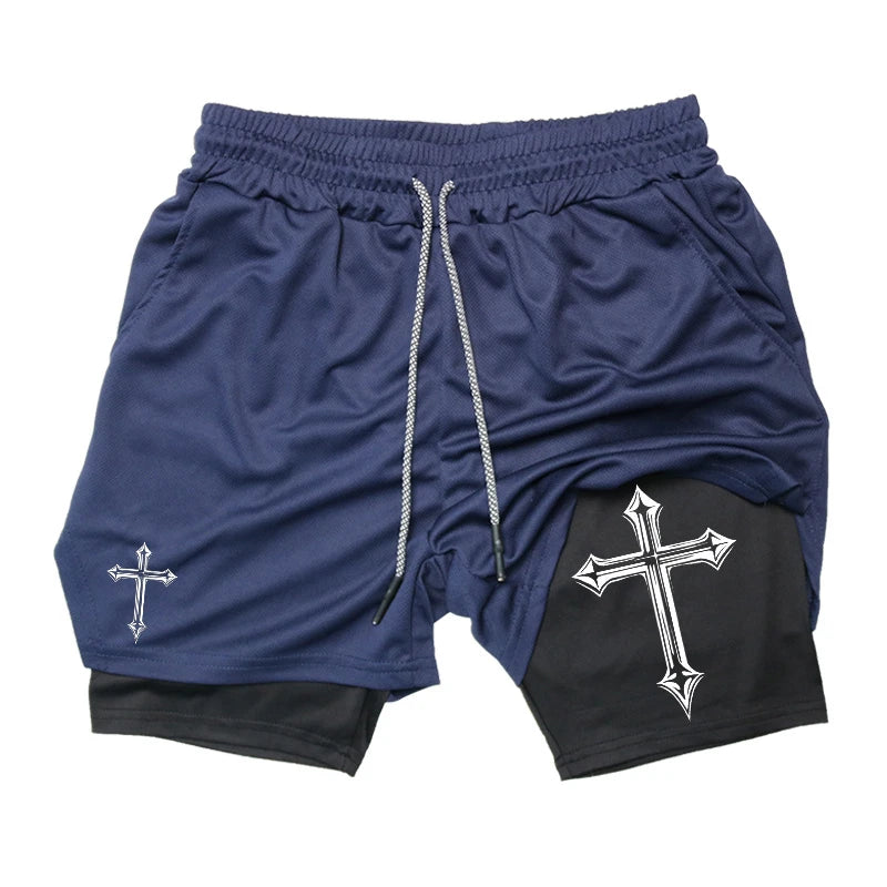 Gym Athletic Shorts with Compression Liner Phone Pocket Towel Loop.