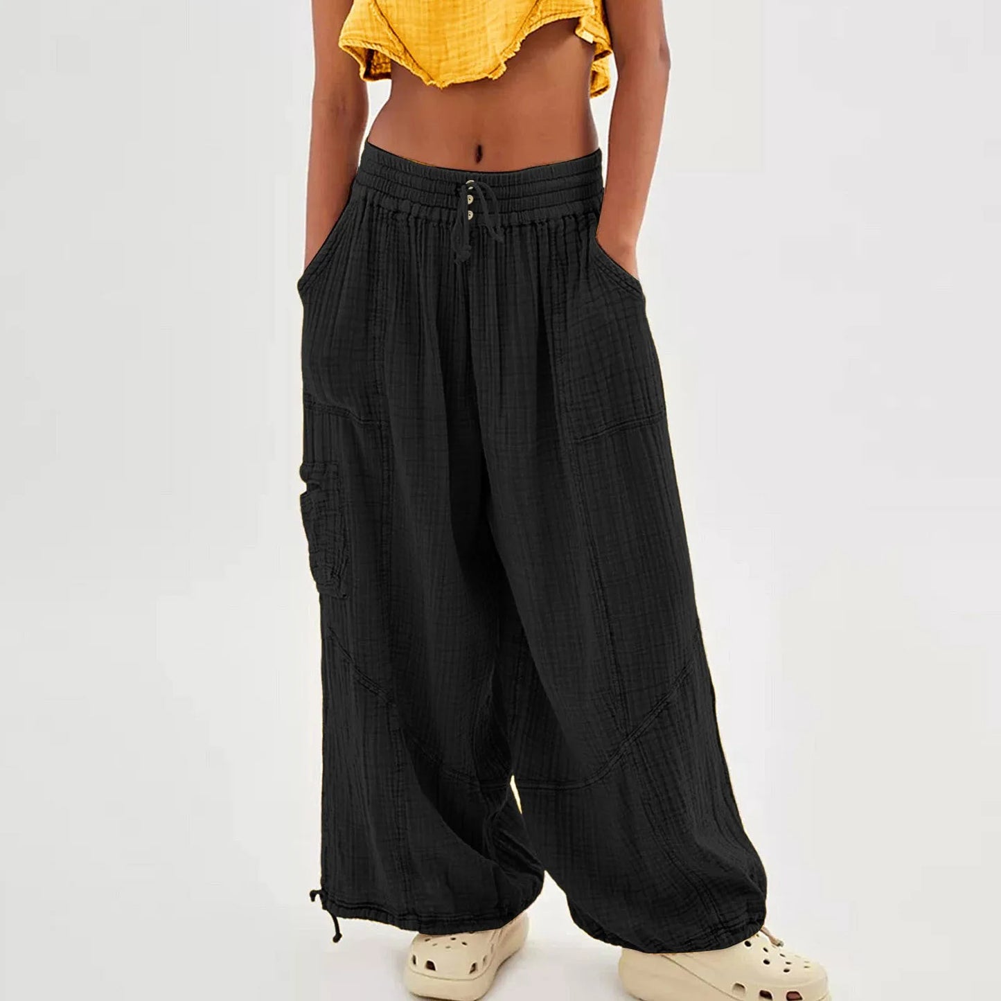High Waist. Drawstring Palazzo Pants.
