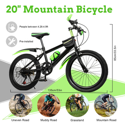 7 Speeds Mountain Bike Adjustable Height Kids Bicycle for Boys, Girls.