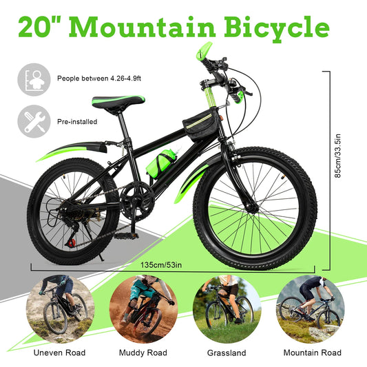 7 Speeds Mountain Bike Adjustable Height Kids Bicycle for Boys, Girls.
