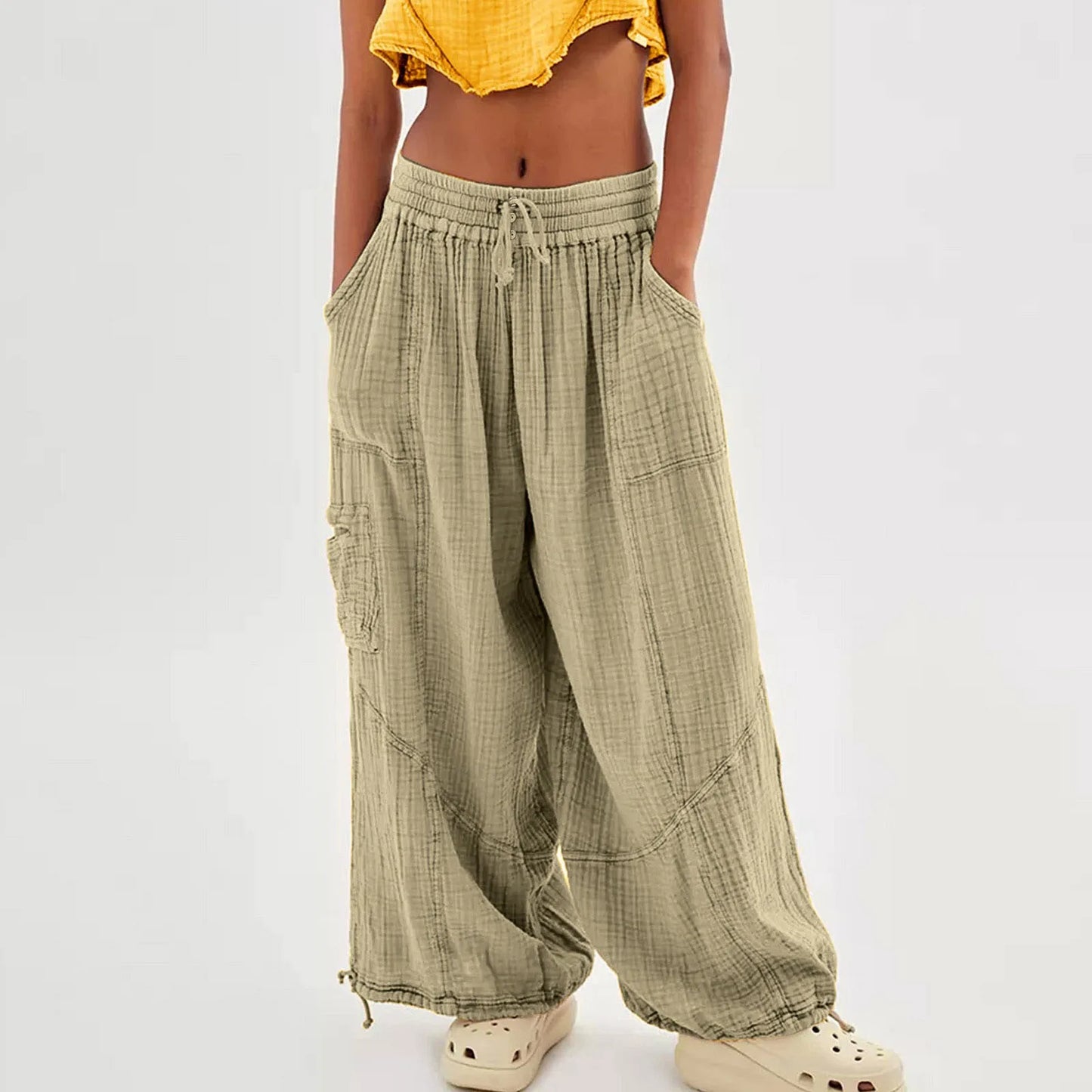 High Waist. Drawstring Palazzo Pants.