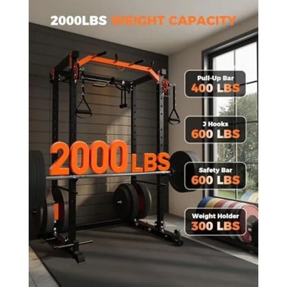 Power Squat Rack with Cable Crossover Pulley System.