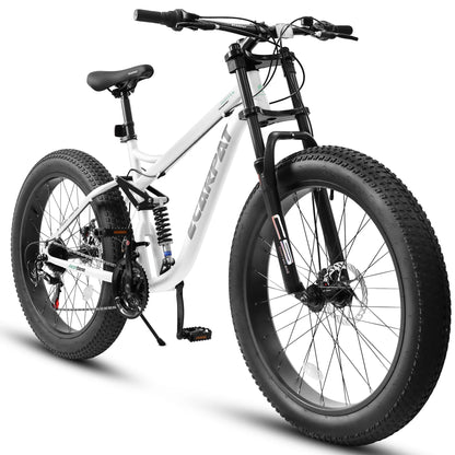 26 inch Mountain Bike, Full-Suspension 21 Speeds Drivetrain with Disc-Brakes.