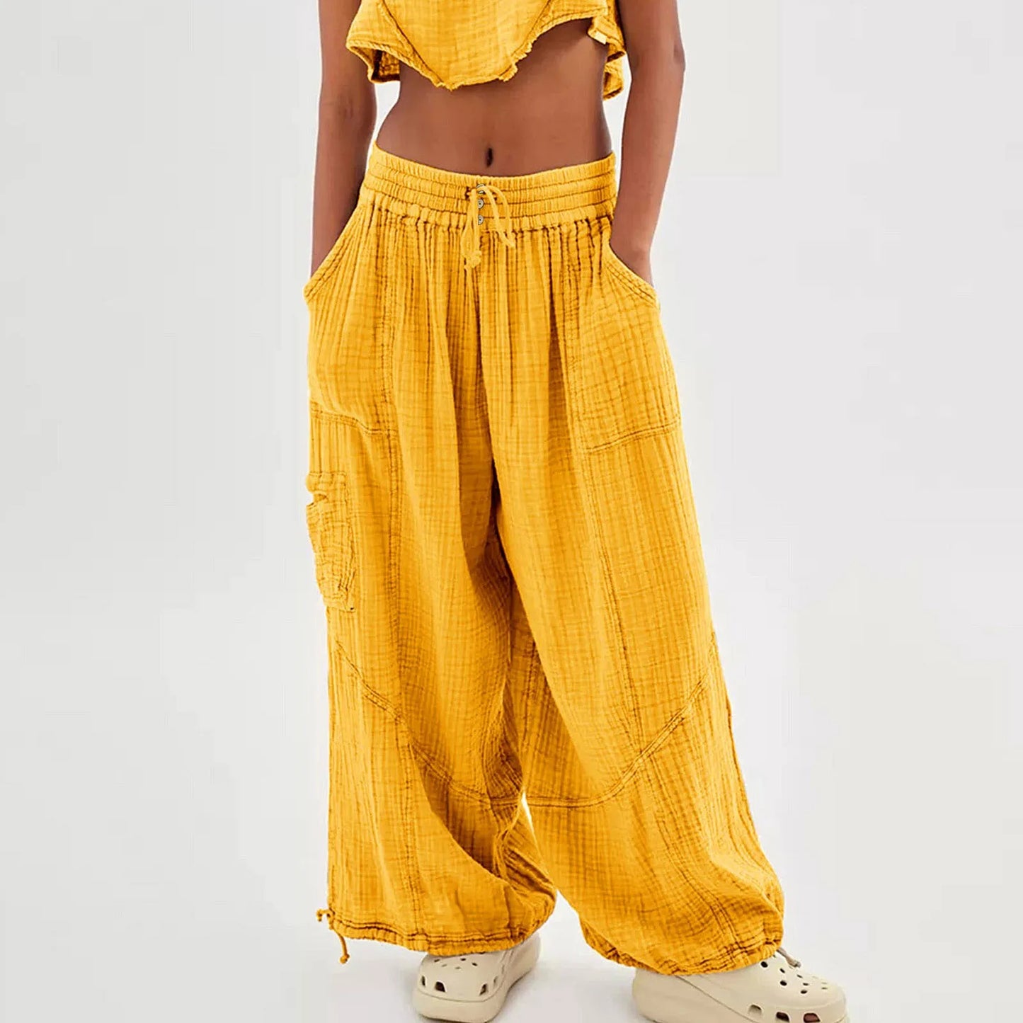 High Waist. Drawstring Palazzo Pants.