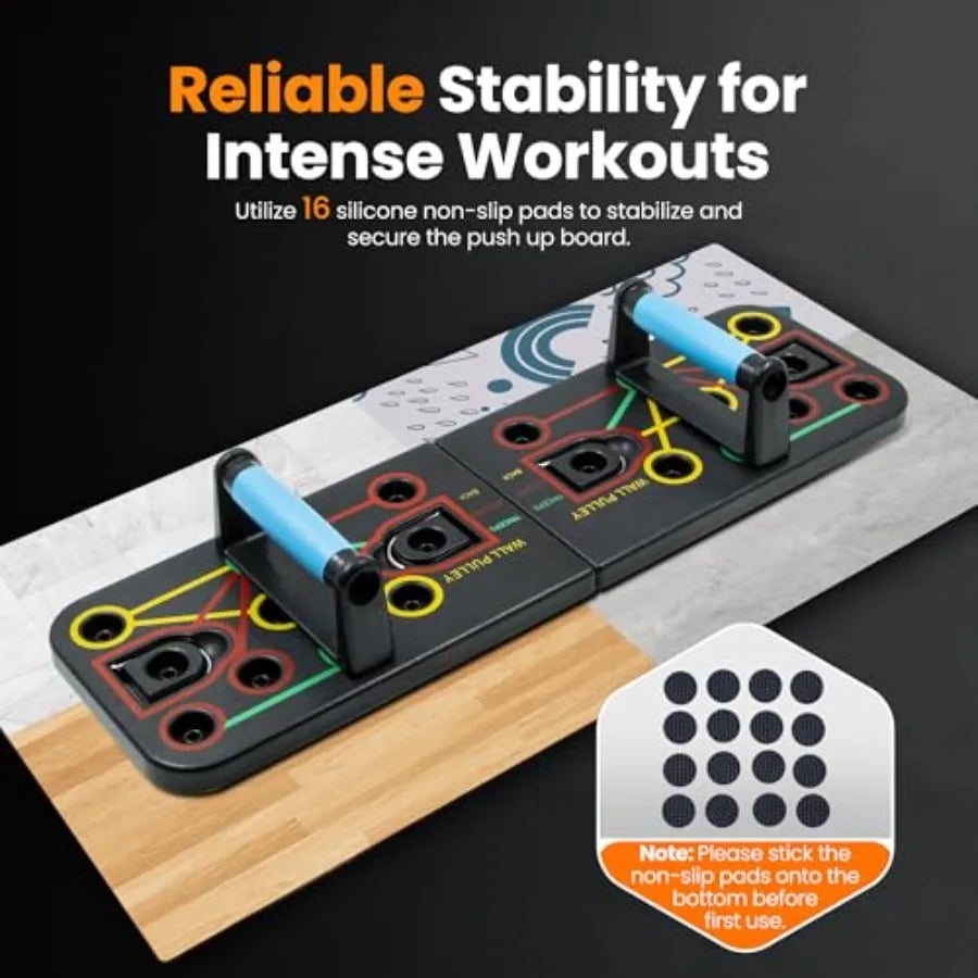 Push-up board home gym with portable fitness equipment.