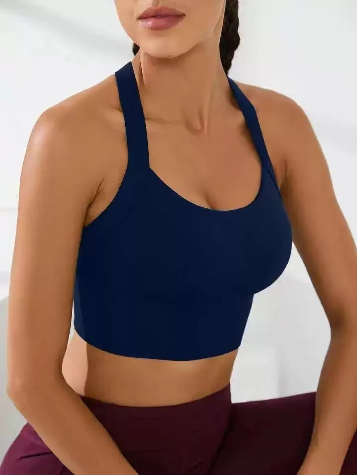 cross-back sports bra, no chest pad, adjustable size.