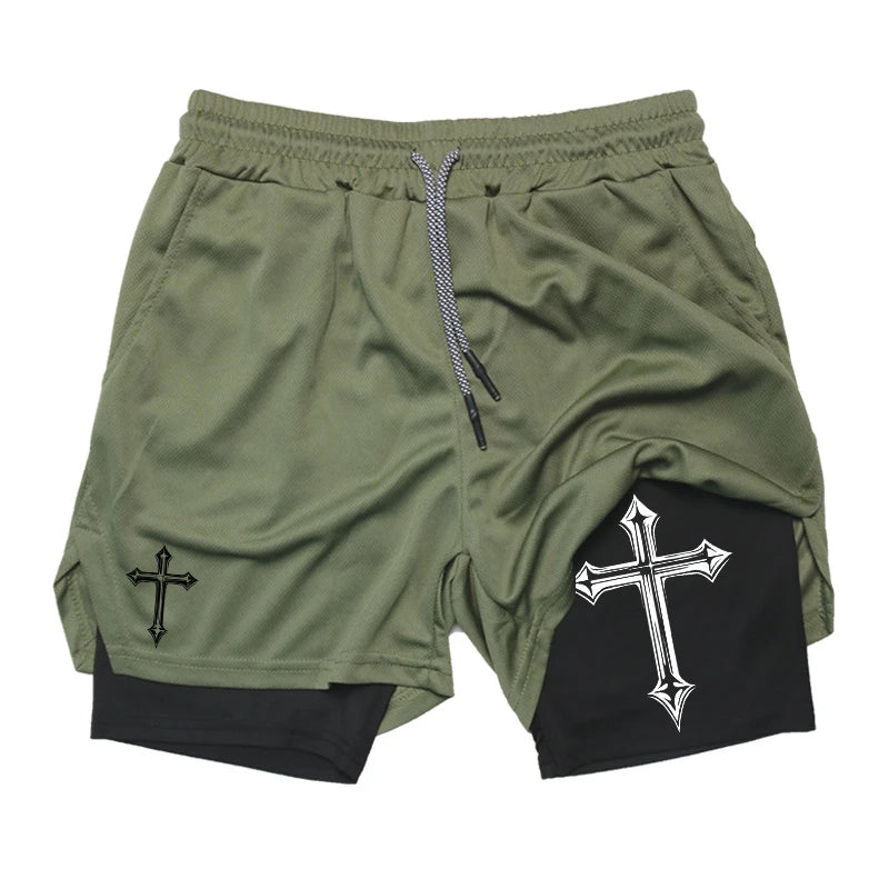 Gym Athletic Shorts with Compression Liner Phone Pocket Towel Loop.