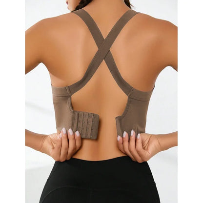 cross-back sports bra, no chest pad, adjustable size.