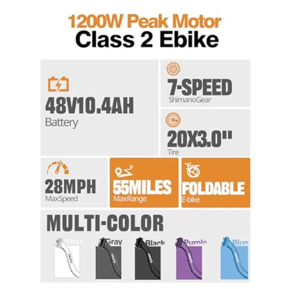 Electric Bike for Adults 1200W Peak Motor Folding.