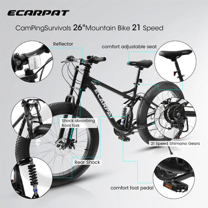 26 inch Mountain Bike, Full-Suspension 21 Speeds Drivetrain with Disc-Brakes.