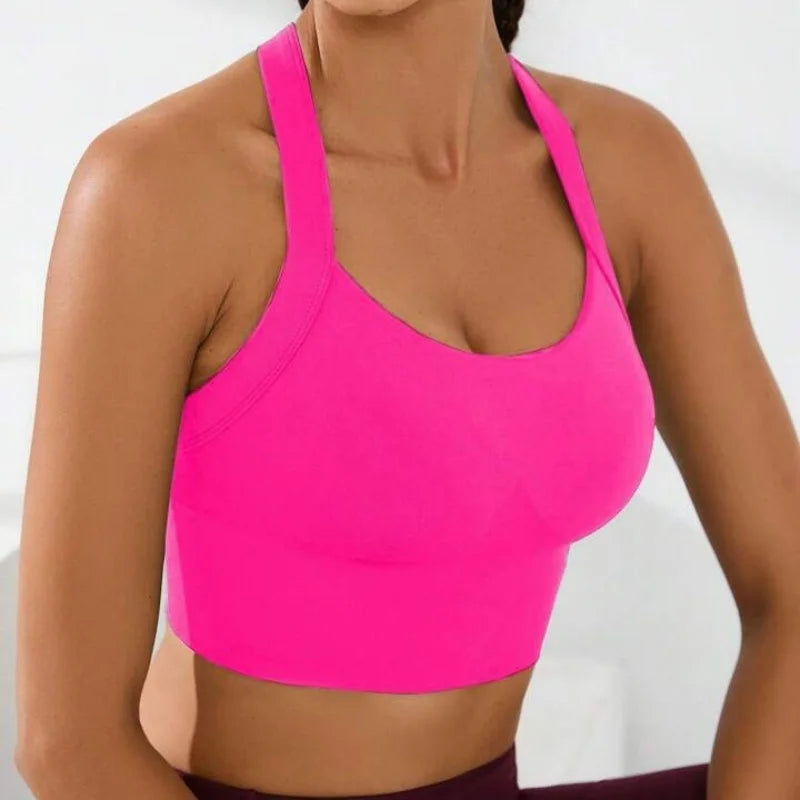 cross-back sports bra, no chest pad, adjustable size.