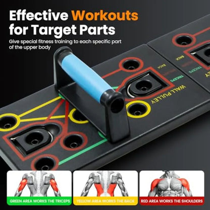 Push-up board home gym with portable fitness equipment.