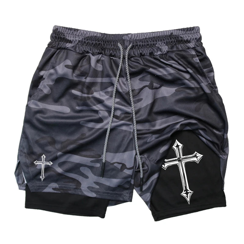 Gym Athletic Shorts with Compression Liner Phone Pocket Towel Loop.