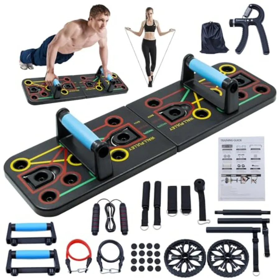 Push-up board home gym with portable fitness equipment.