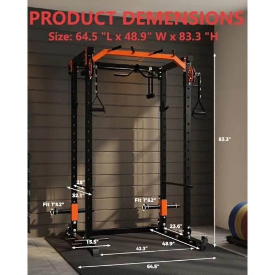 Power Squat Rack with Cable Crossover Pulley System.