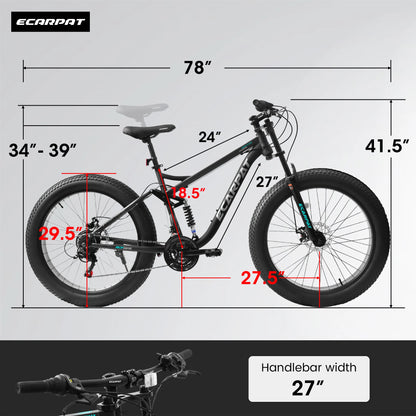 26 inch Mountain Bike, Full-Suspension 21 Speeds Drivetrain with Disc-Brakes.