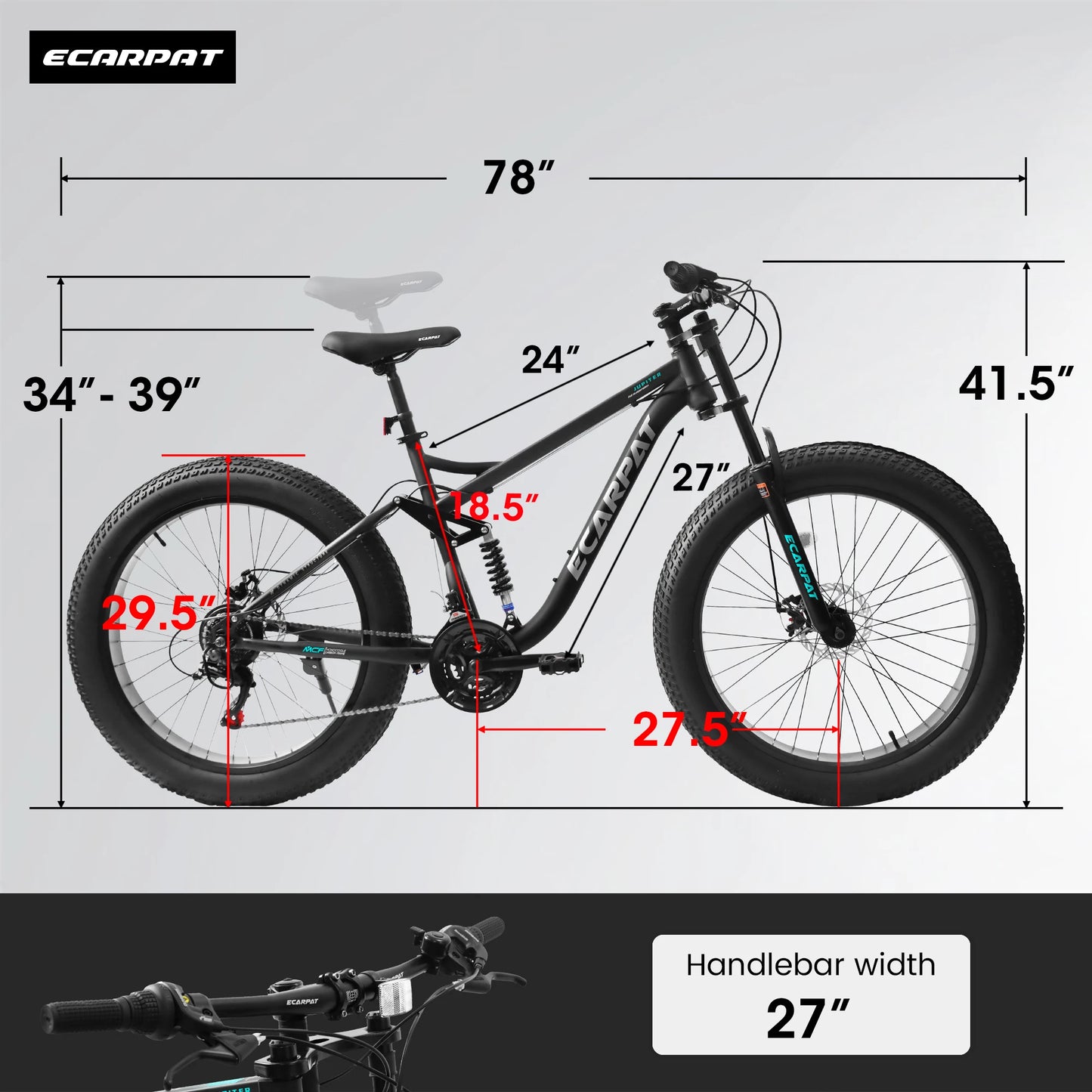 26 inch Mountain Bike, Full-Suspension 21 Speeds Drivetrain with Disc-Brakes.