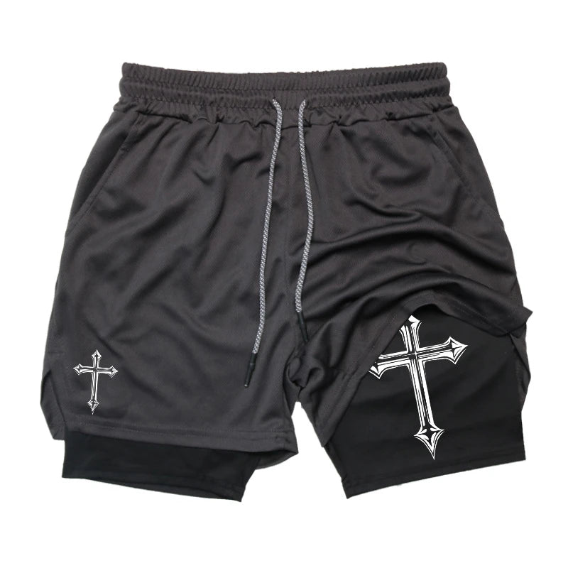 Gym Athletic Shorts with Compression Liner Phone Pocket Towel Loop.