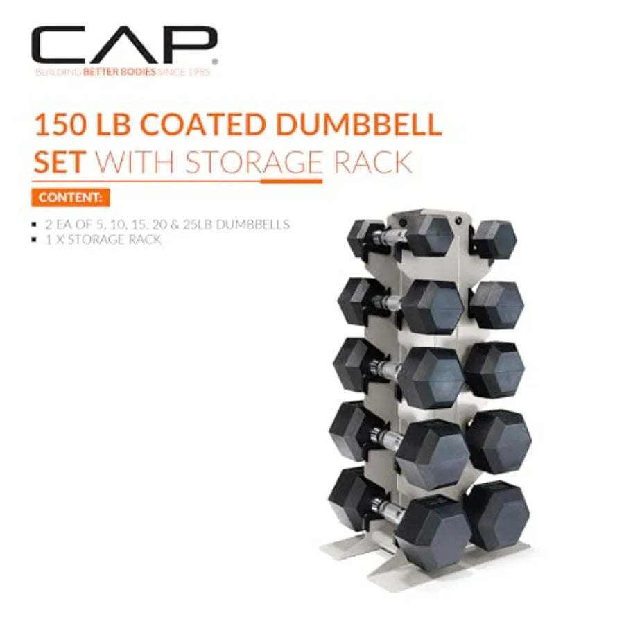 Rubber Coated Hex Dumbbell Set with Vertical Rack 100-300 lbs.