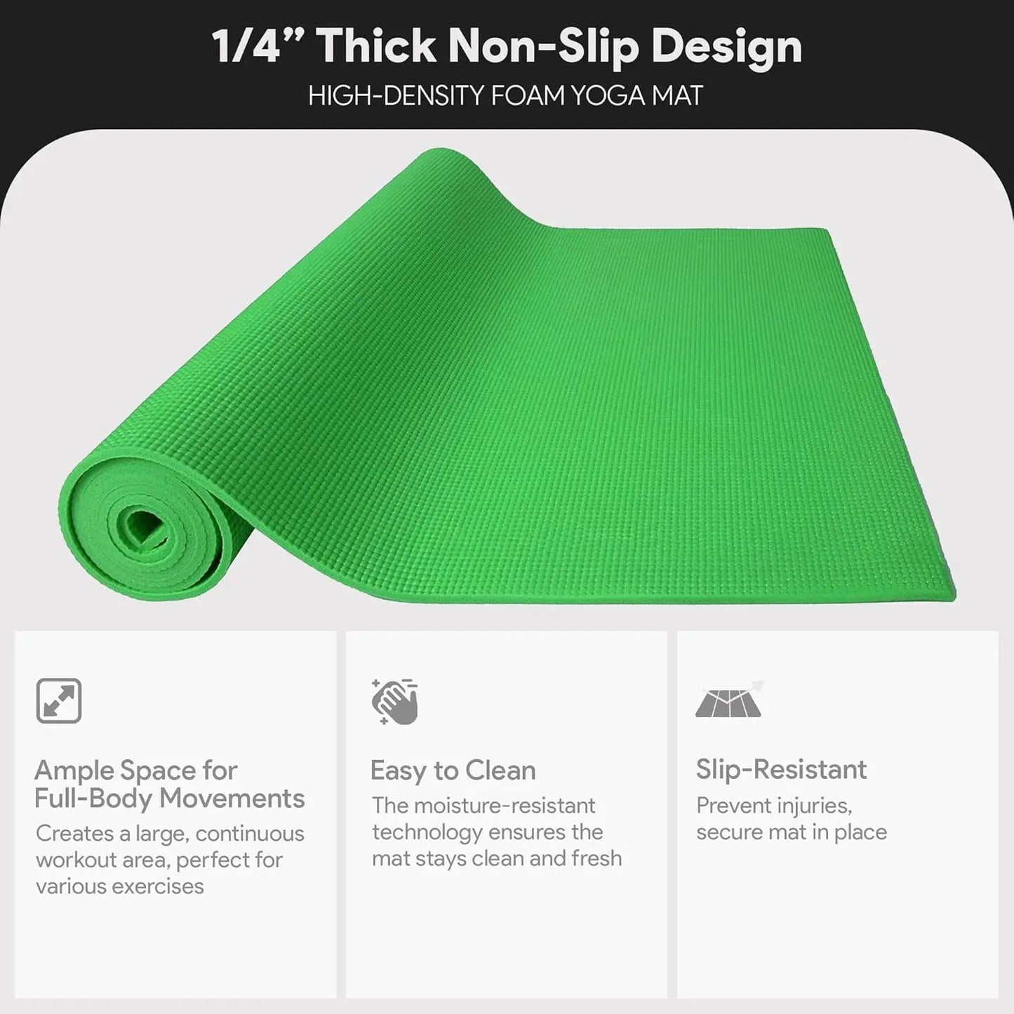 High-Density Anti-Tear 1/4-Inch Yoga Mat with Carrying Strap.