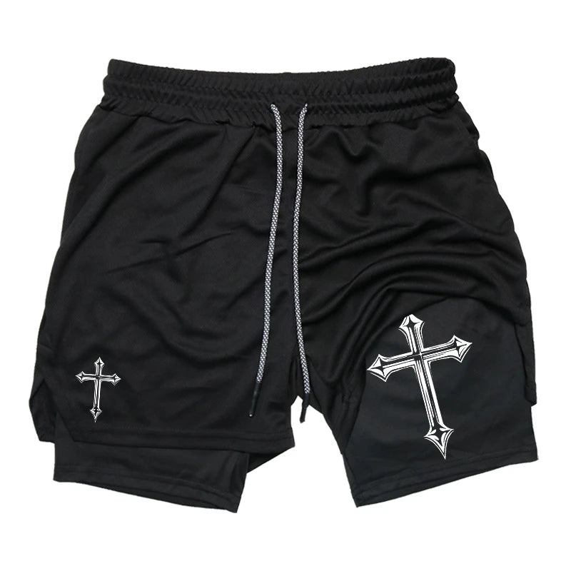 Gym Athletic Shorts with Compression Liner Phone Pocket Towel Loop.