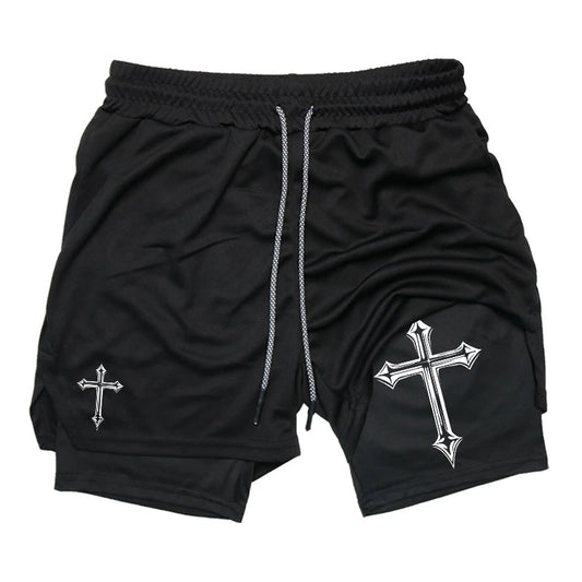 Gym Athletic Shorts with Compression Liner Phone Pocket Towel Loop.