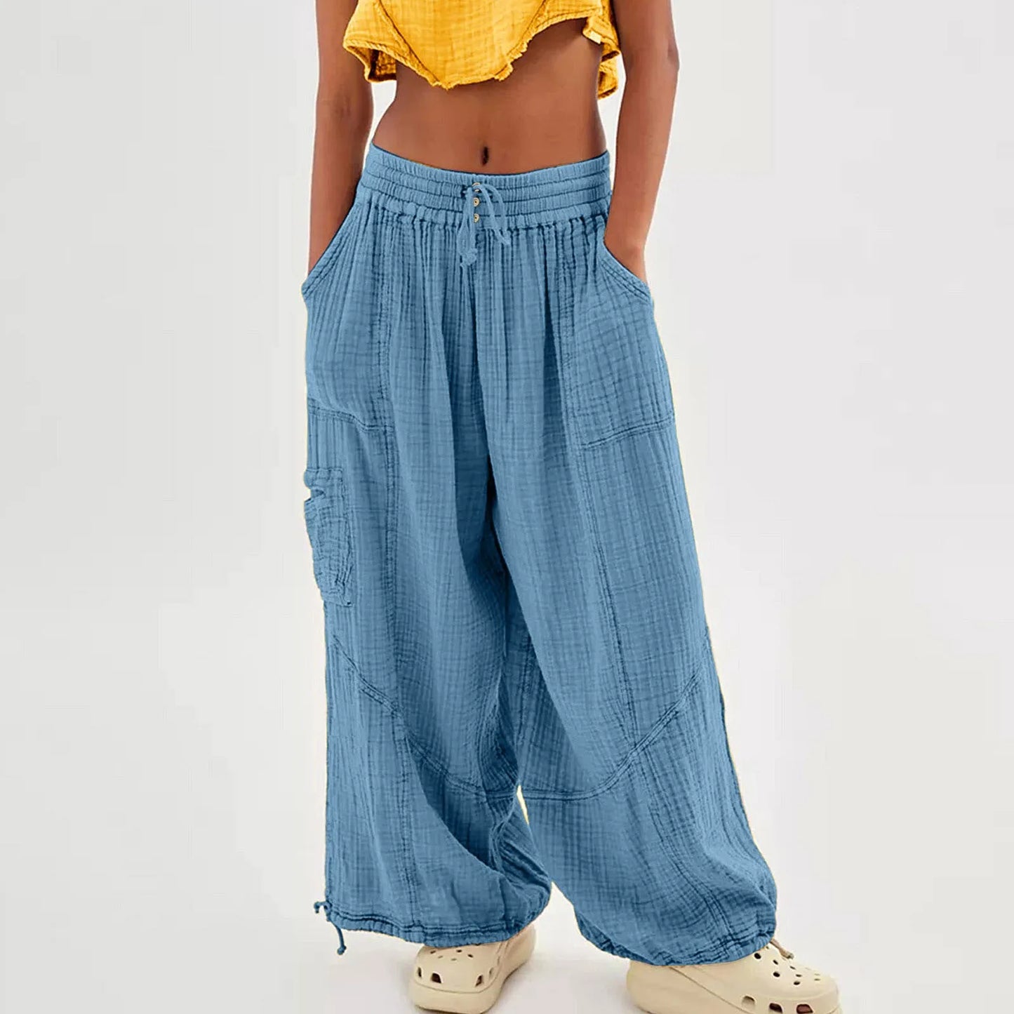 High Waist. Drawstring Palazzo Pants.