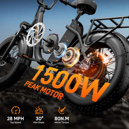 Fat Tire E-Bike 1500W Motor 48V 15.6Ah Battery 100Mi Range),